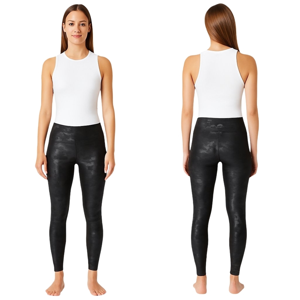 SPANX Leggings Womens Large Black Camo Shiny High Rise Athleisure Gym Yoga